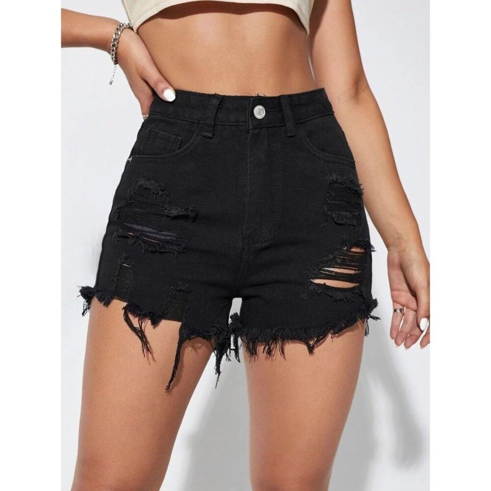 Grunge Denim Womens Shorts Small Y2K Distressed Cutoff Street Indie Sleaze Shein - Picture 1 of 8